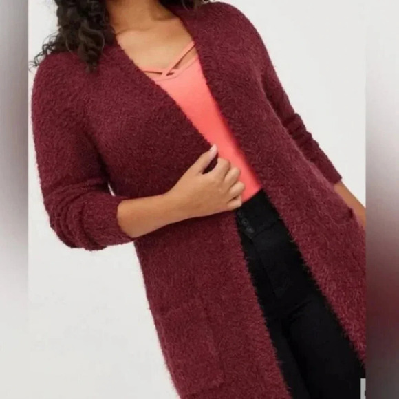 TORRID Popcorn Duster Open Front Sweater in Red Zinfandel - Size 3  (22-24) - Picture 1 of 16